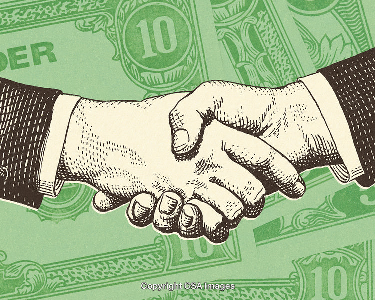 Business Handshake Over Green Background with Financial Illustration Design