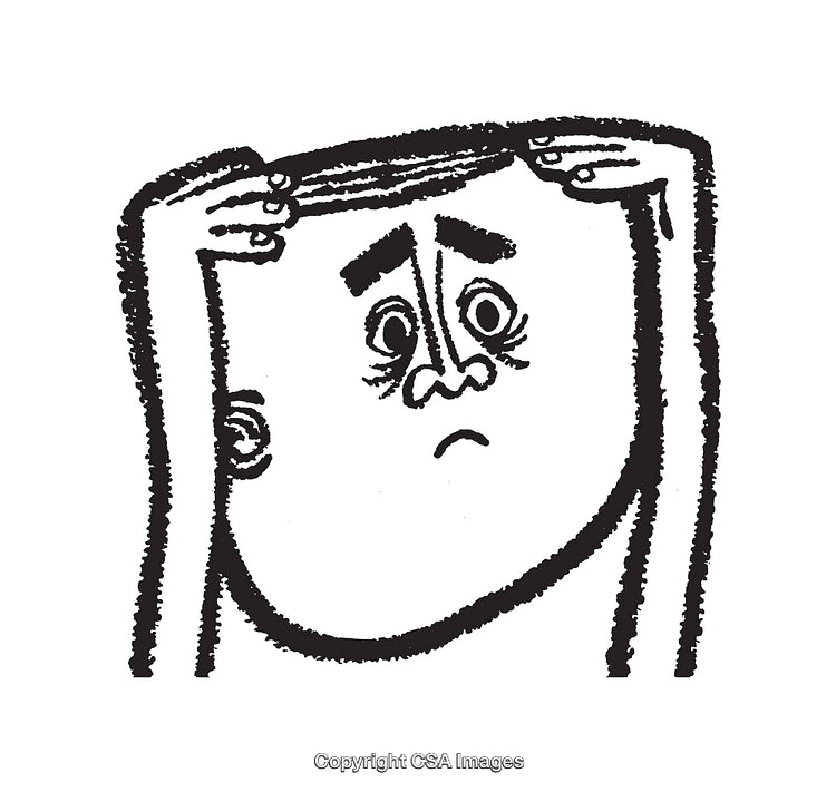 Black And White Illustration Depicting A Worried Expression With Hand Gestures