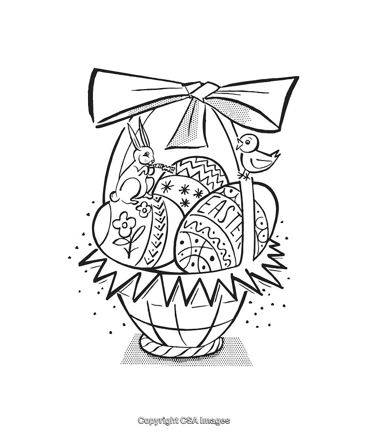 Easter Basket Illustration with Eggs, Bunny, and Decorations