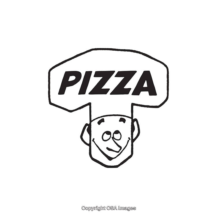 Black and White Line Art Pizza Illustration with Cartoon Character