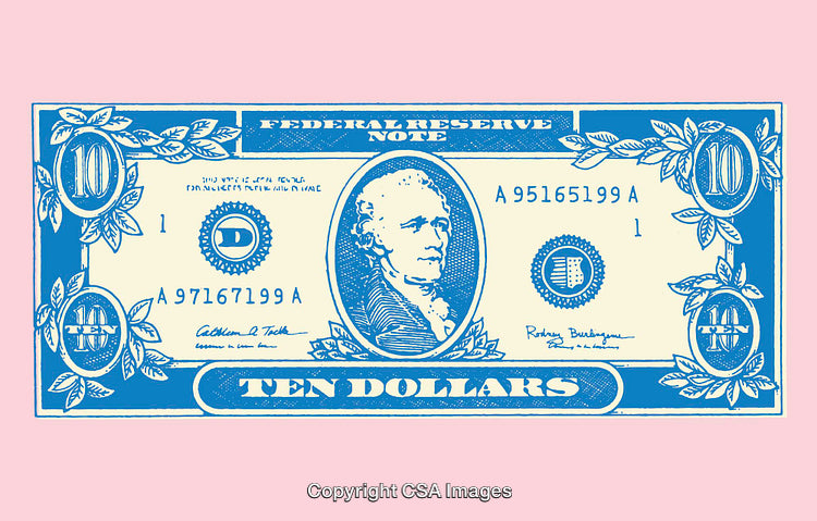 Stylized Line Art Illustration of a Ten Dollar Bill in Color