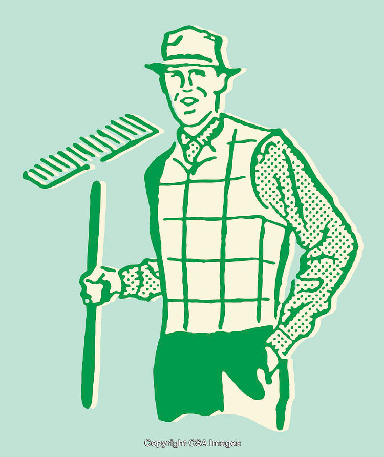 Retro Style Illustration of Man Holding a Garden Rake on Green Background