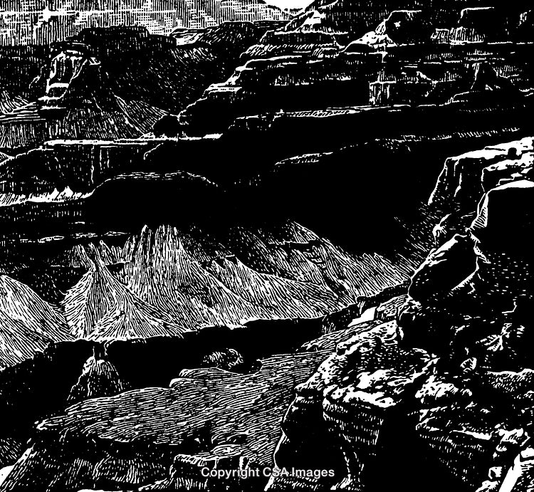 Detailed Black and White Engraving of a Rocky Canyon Landscape