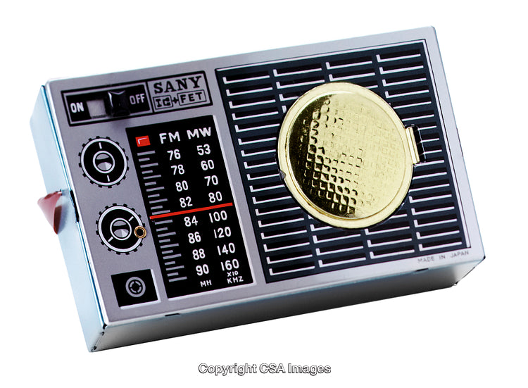 Retro Style Toy Radio With Gold and Black Accents on White Background