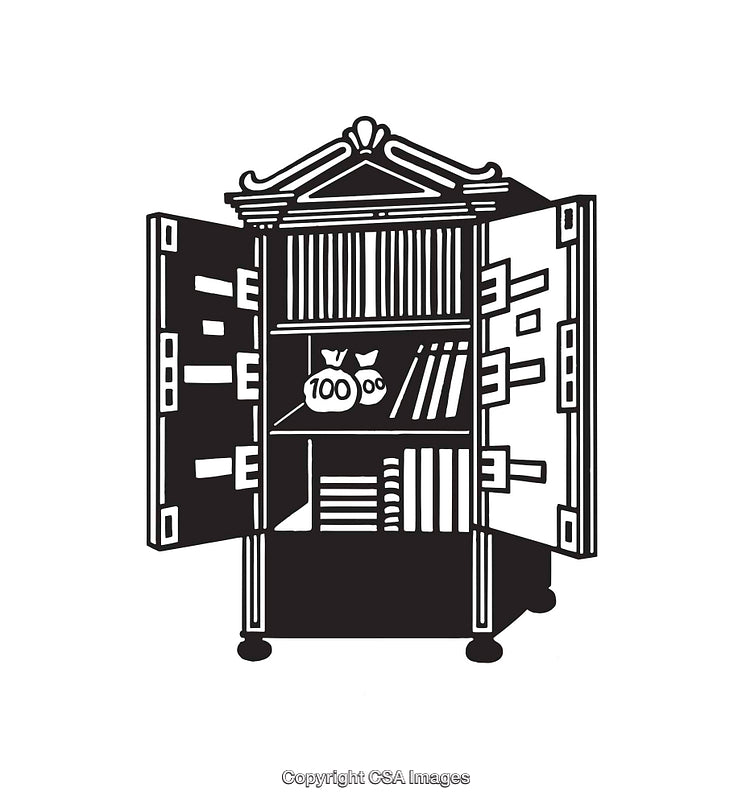 Black and White Line Art Illustration of an Open Safe With Money and Books
