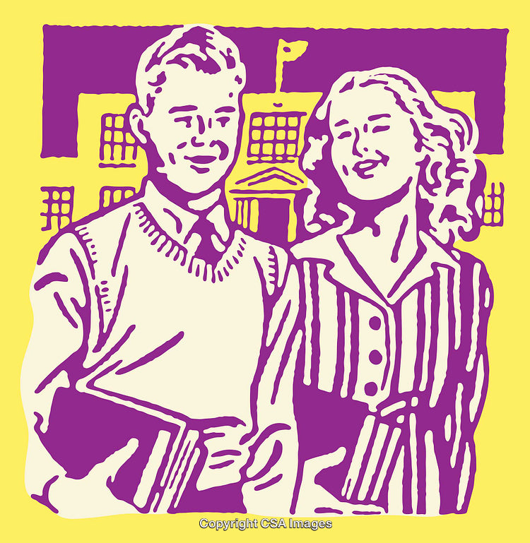 Retro Style Line Art of Students Holding Books at School