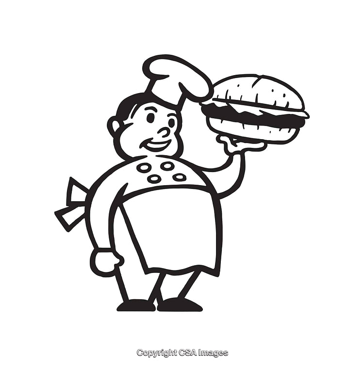 Black and White Chef Holding a Sandwich Line Art Illustration