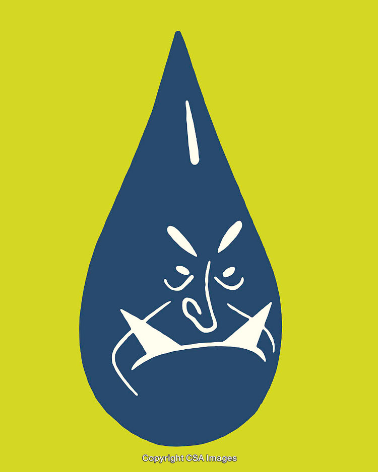 Creative Illustration of a Blue Drop with Angry Features on Green Background