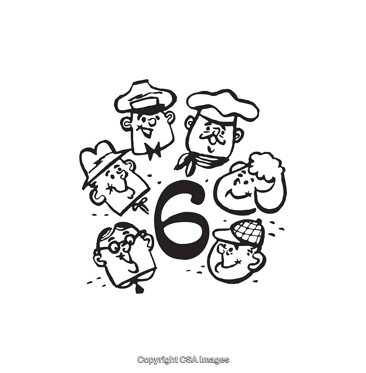 Cartoon Faces Around a Bold Number Six in Black and White