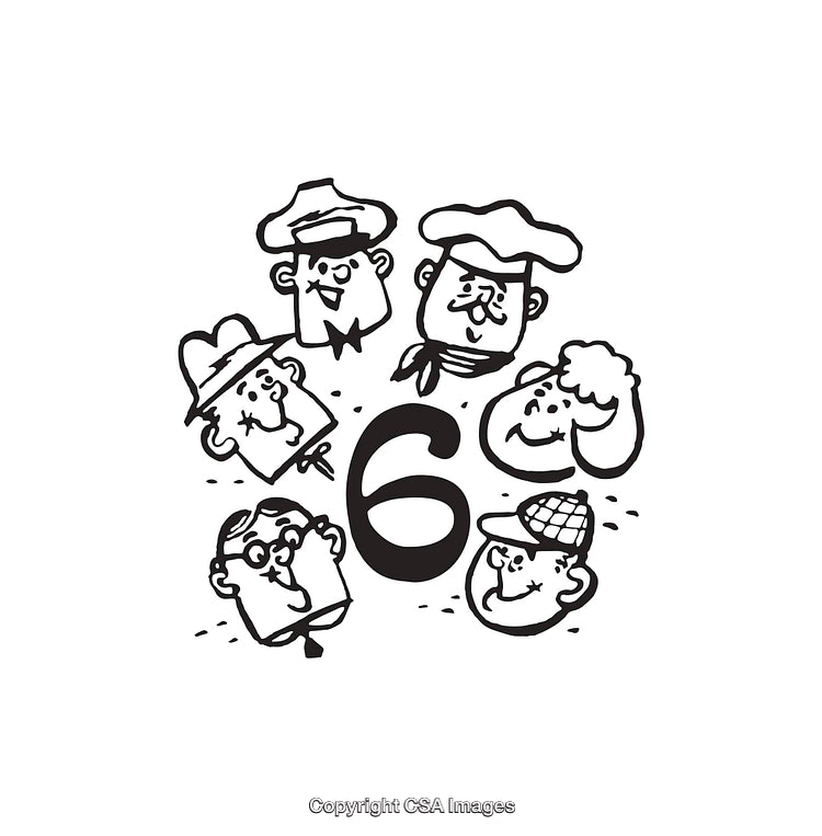 Cartoon Faces Around a Bold Number Six in Black and White