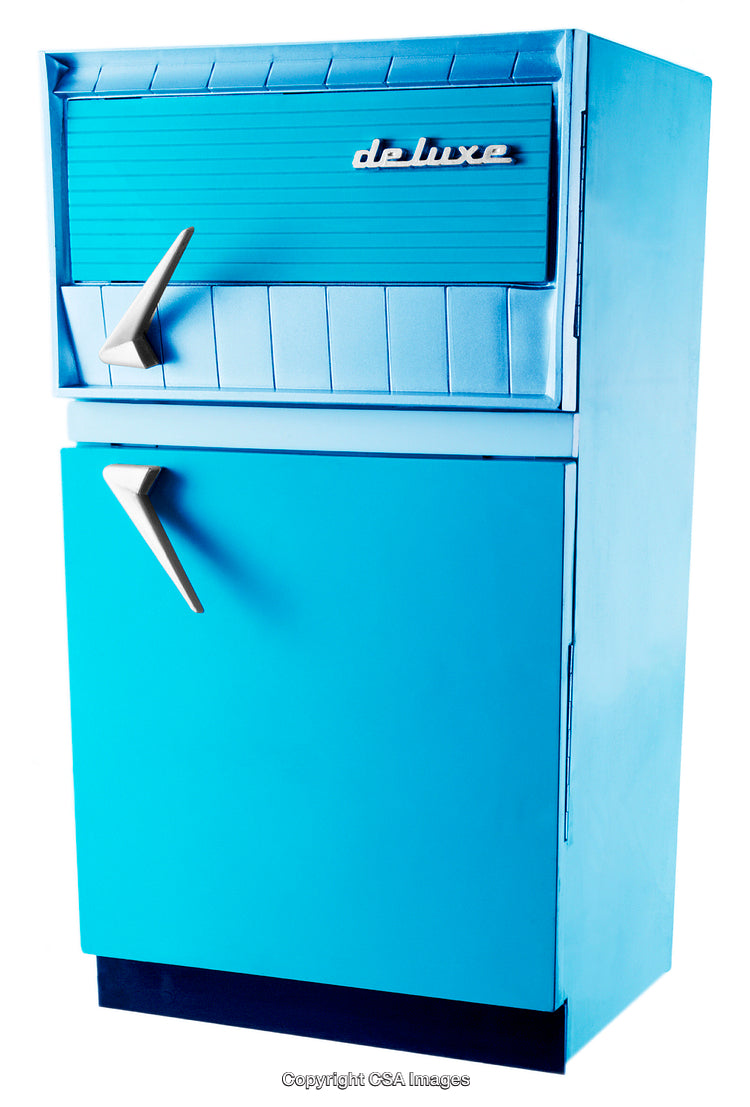 Retro Blue Toy Refrigerator with Vintage Design and Stylish Details