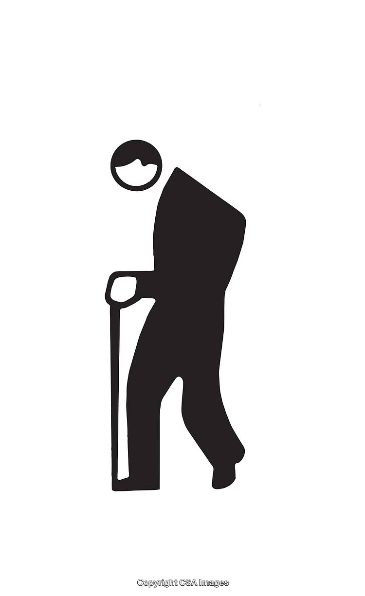 Silhouette Icon of Elderly Person With Walking Stick in Black and White