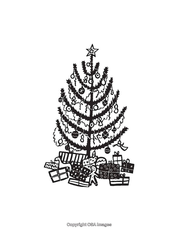 Black and White Line Art Illustration of a Christmas Tree