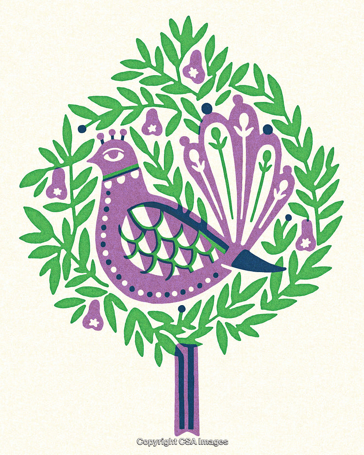Colorful Folk Art Illustration of a Bird Surrounded by Decorative Greenery