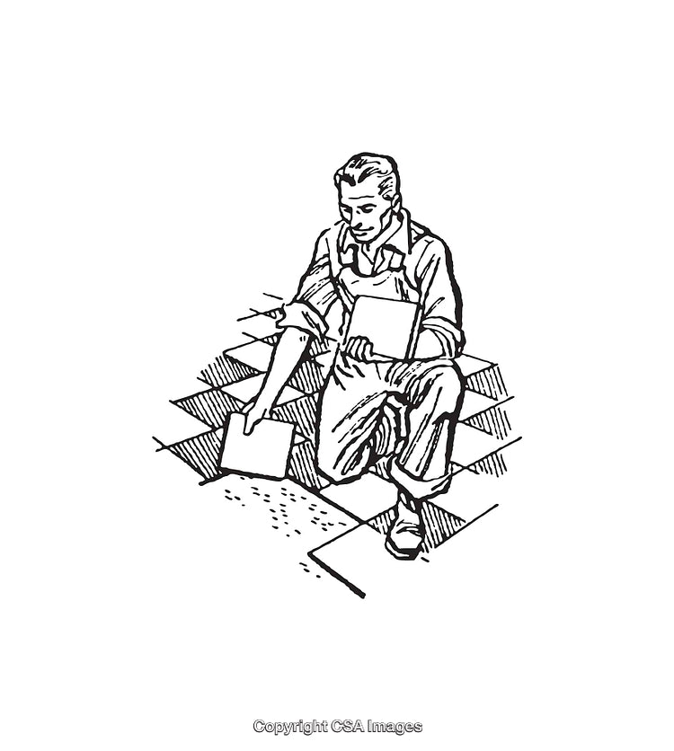 Black and White Line Art of Worker Installing Floor Tiles