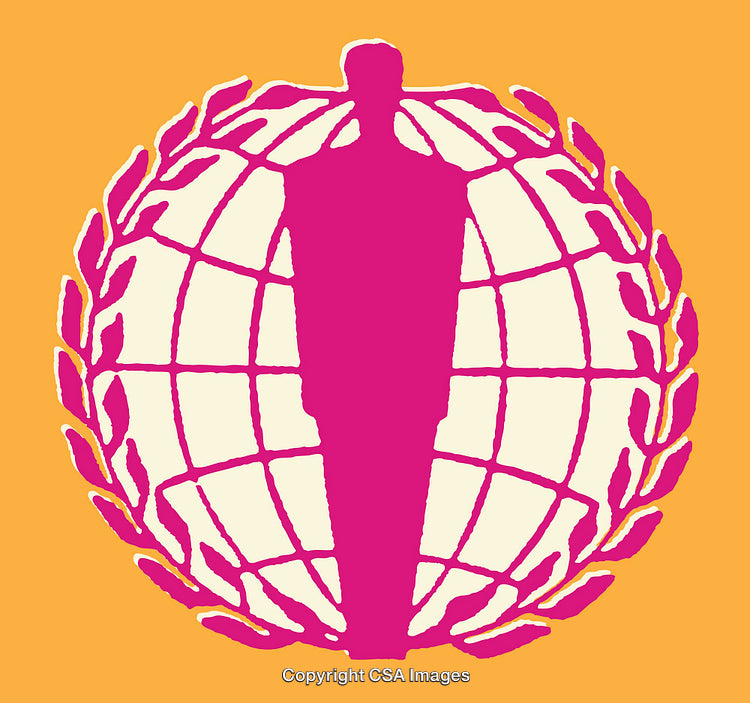 Silhouette Over Globe with Laurel Design in Bold Colors