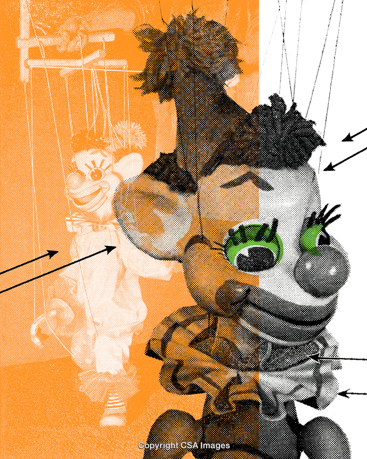 Creative Art Composition Featuring a Clown Marionette in Bold Graphic Style