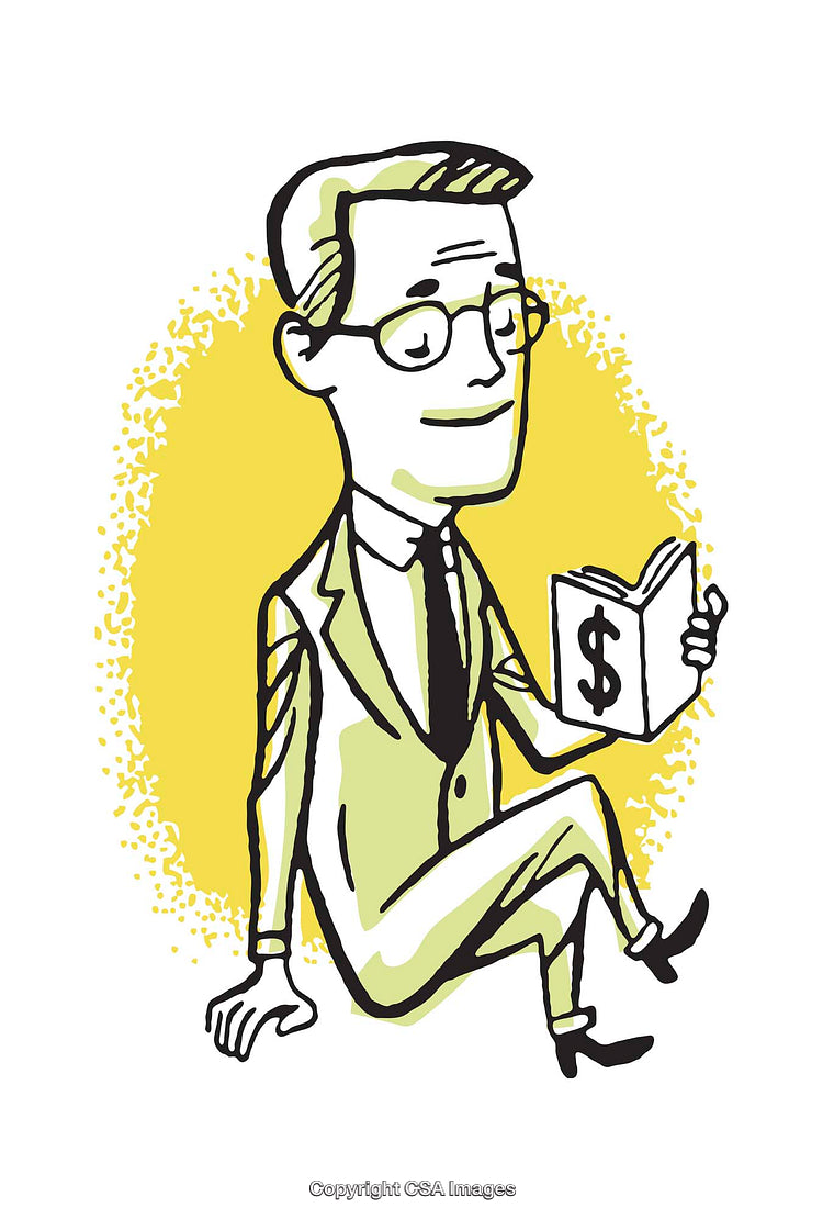 Color Illustration of Businessman Reading a Book on Finance and Wealth