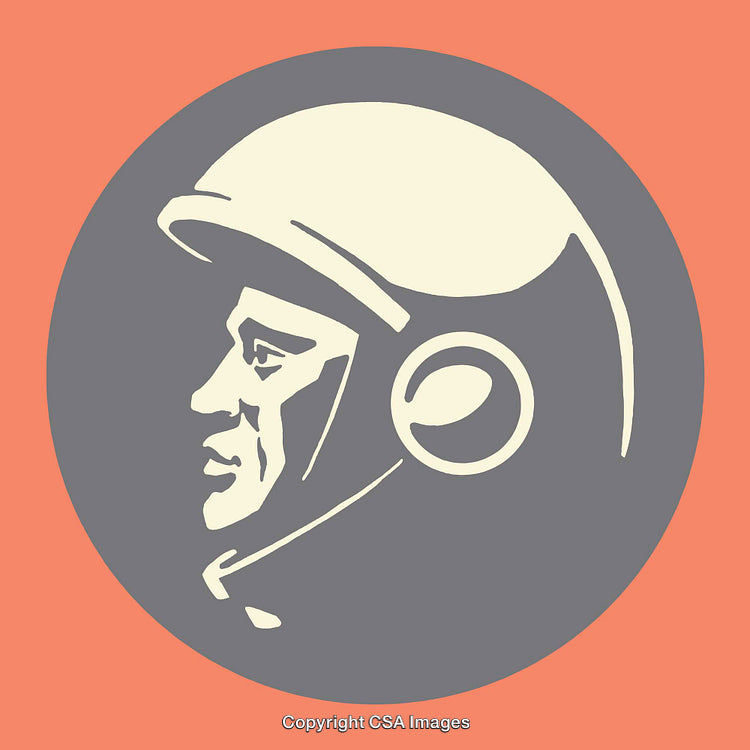Vintage Style Illustration Featuring a Helmeted Figure in Bold Colors