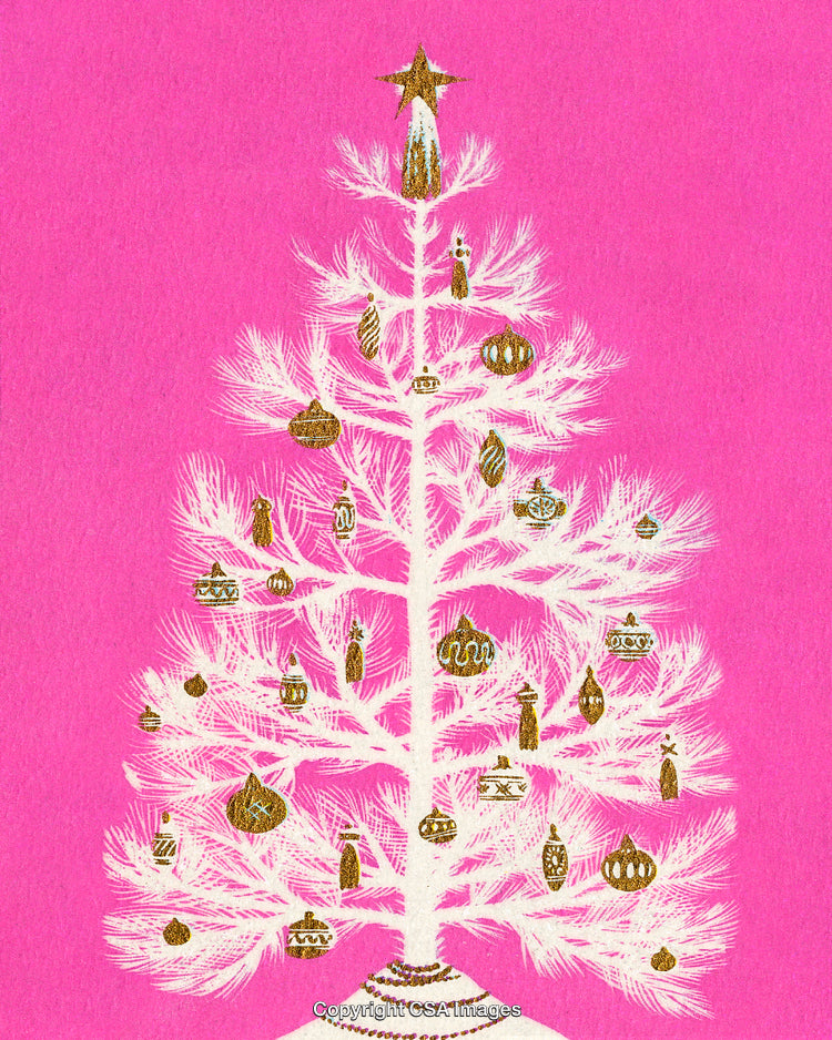 White Christmas Tree With Ornaments on Vibrant Pink Background