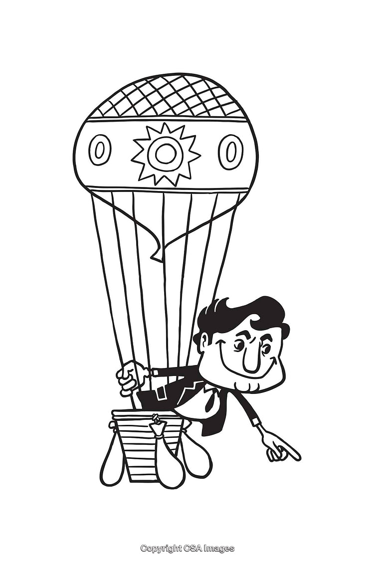 Black and White Illustration of a Man in Hot Air Balloon