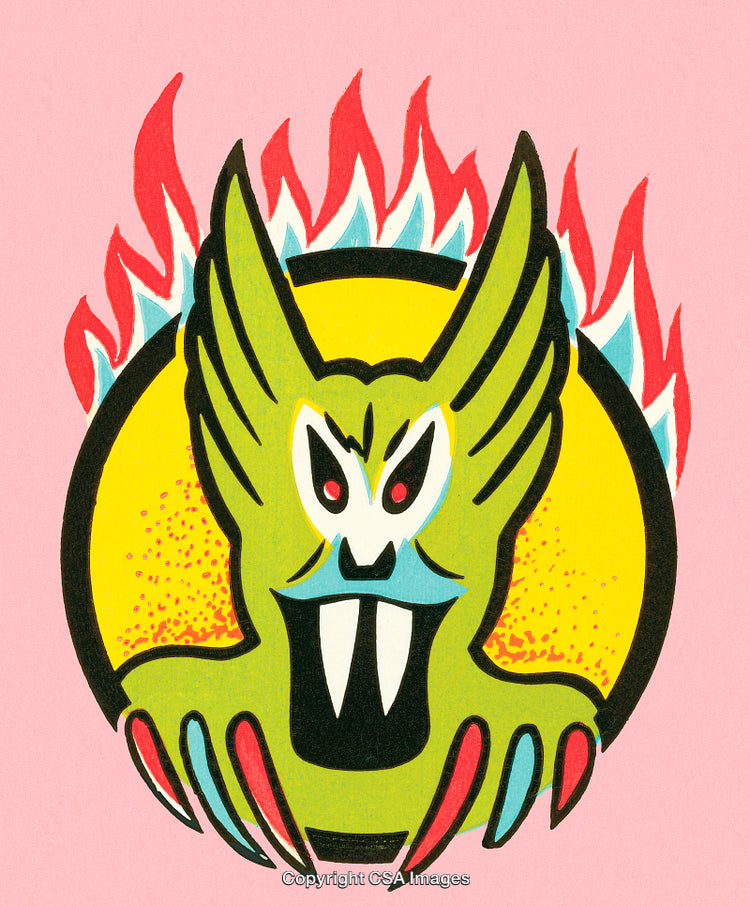 Colorful Abstract Illustration of a Mystical Creature with Flaming Background