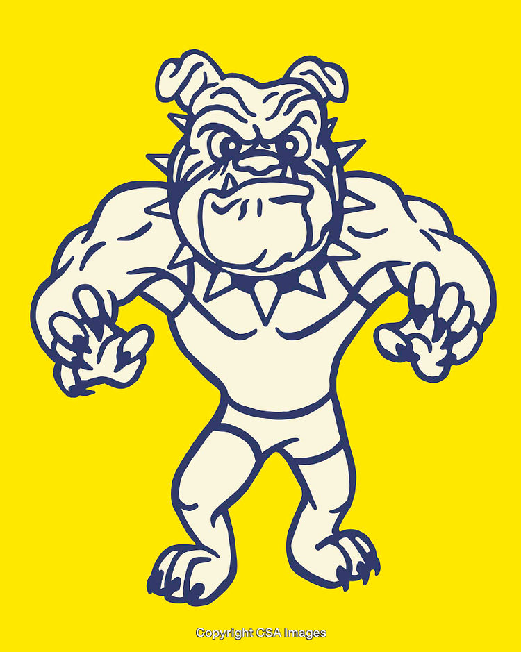 Cartoon Bulldog Illustration Featuring Muscular Design on Yellow Background