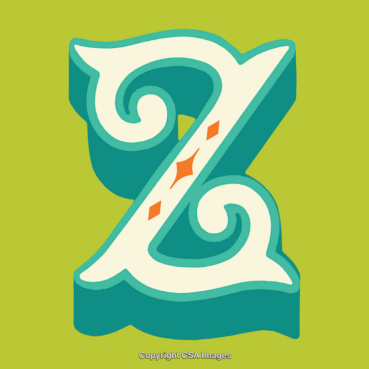 Ornate Letter Z with Swirls and Decorative Accents on Green Background