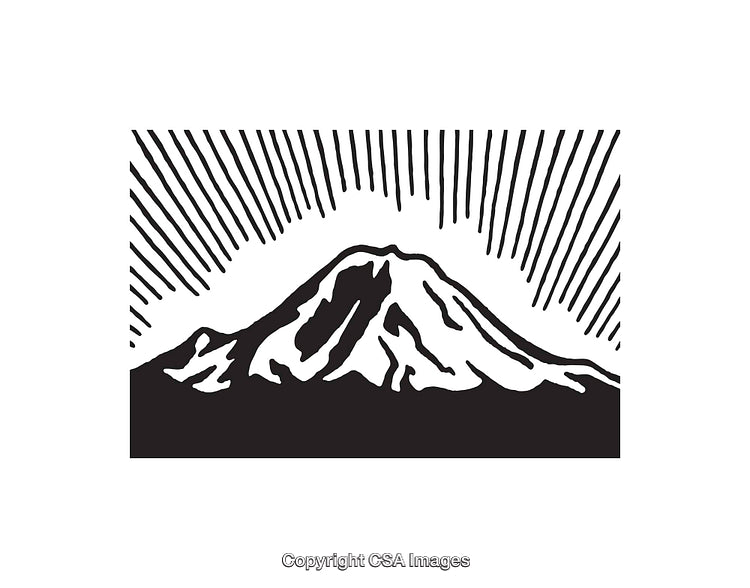 Minimalistic Black And White Illustration of a Majestic Mountain With Sun Rays