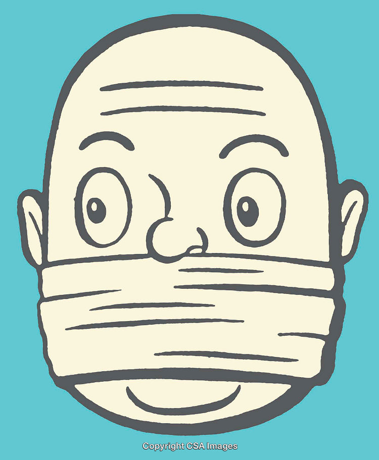 Minimalist Cartoon Illustration of Expression with Covered Mouth on Blue Background