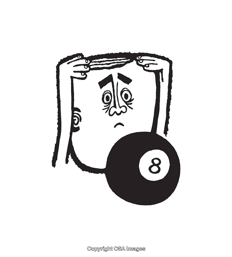 Black and White Illustrative Art Featuring A Person with Magic Eight Ball