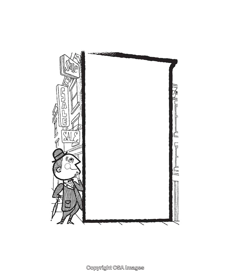 Vintage Black and White Illustration of a Businessman by a Blank Sign