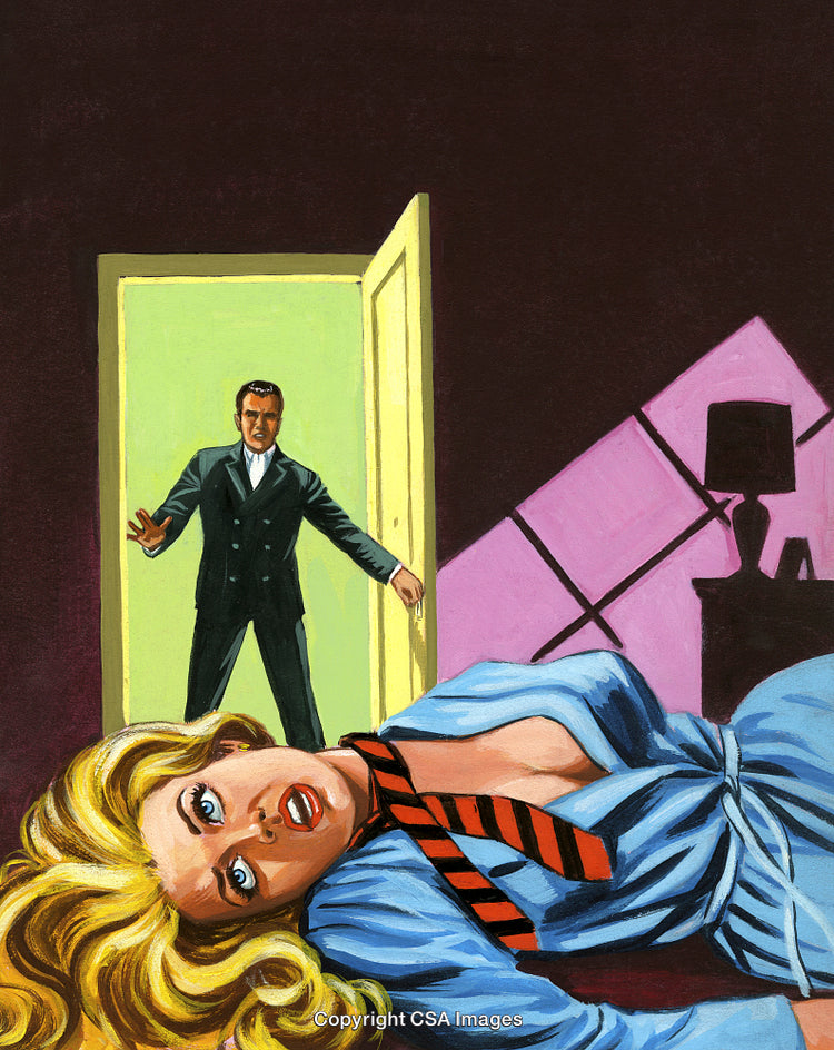 Mysterious Crime Scene with Woman and Man in Dramatic Lighting Illustration