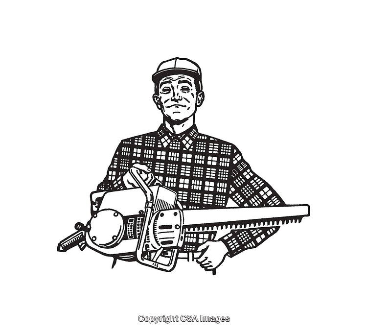 Black and White Illustration of a Man Holding a Chainsaw