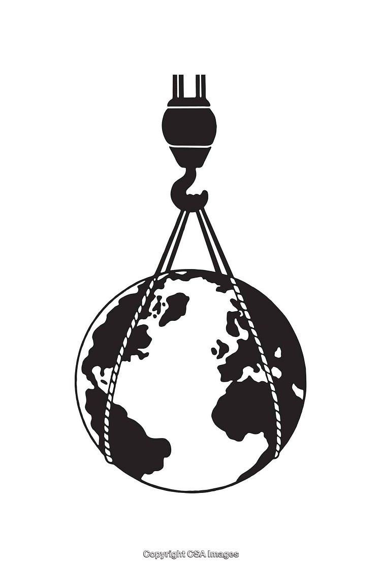Black and White Line Art of Earth Suspended by Industrial Hook