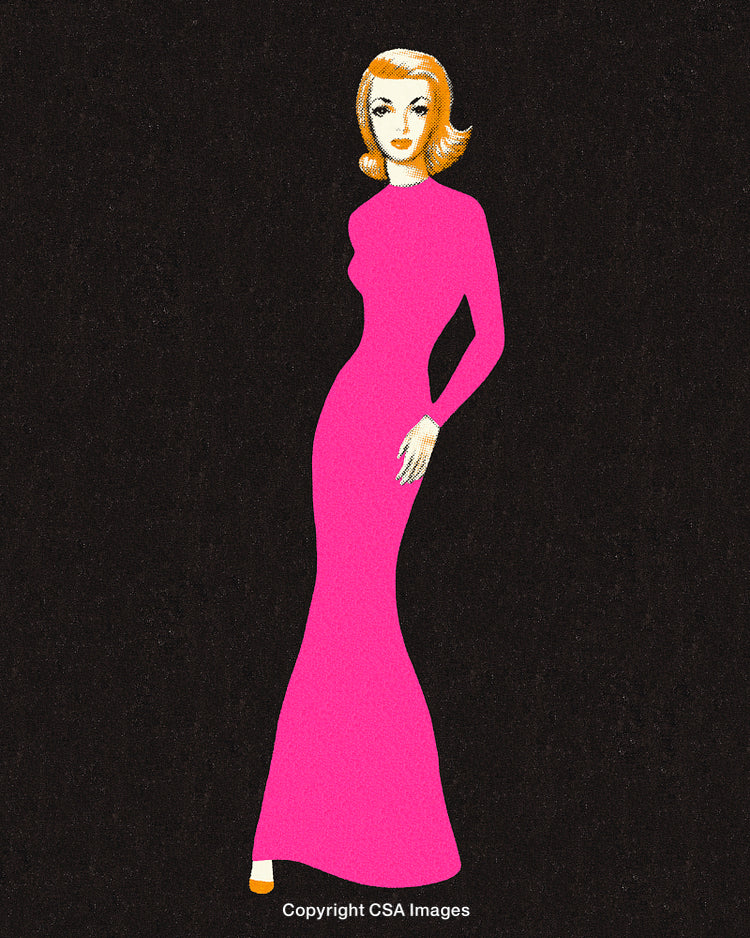 Vintage Illustration of Woman in Pink Gown on Black Background