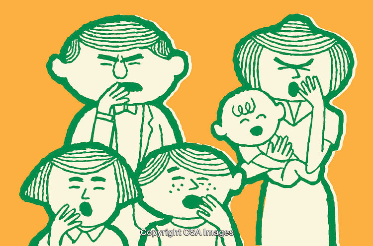 Group Yawning in Whimsical Green and Yellow Illustration