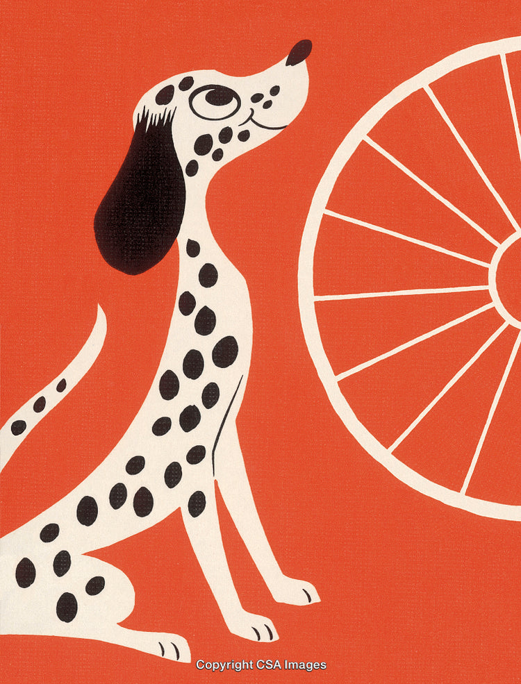 Playful Dalmatian Dog Illustration on Vibrant Orange Background with Abstract Wheel