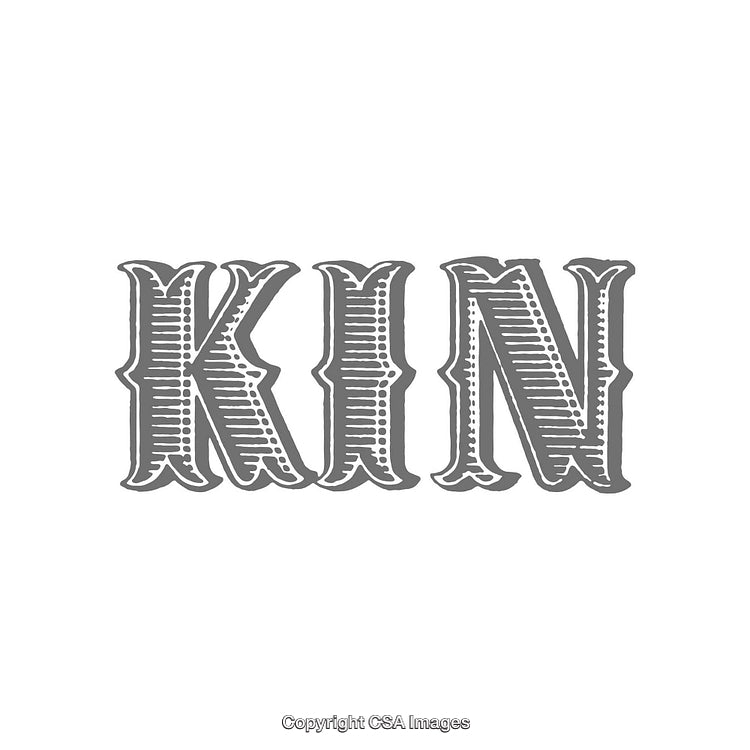 Retro-Style Gray Typography Art Featuring the Word 'Kin' on White Background
