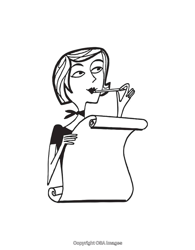 Line Art Illustration of a Woman Writing on a Scroll