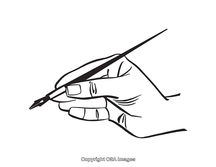 Black and White Line Drawing of a Hand Holding a Fountain Pen