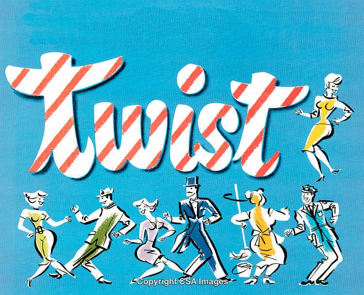 Retro Illustration Depicting Vintage Dancing with Striped Lettering and Colorful Characters