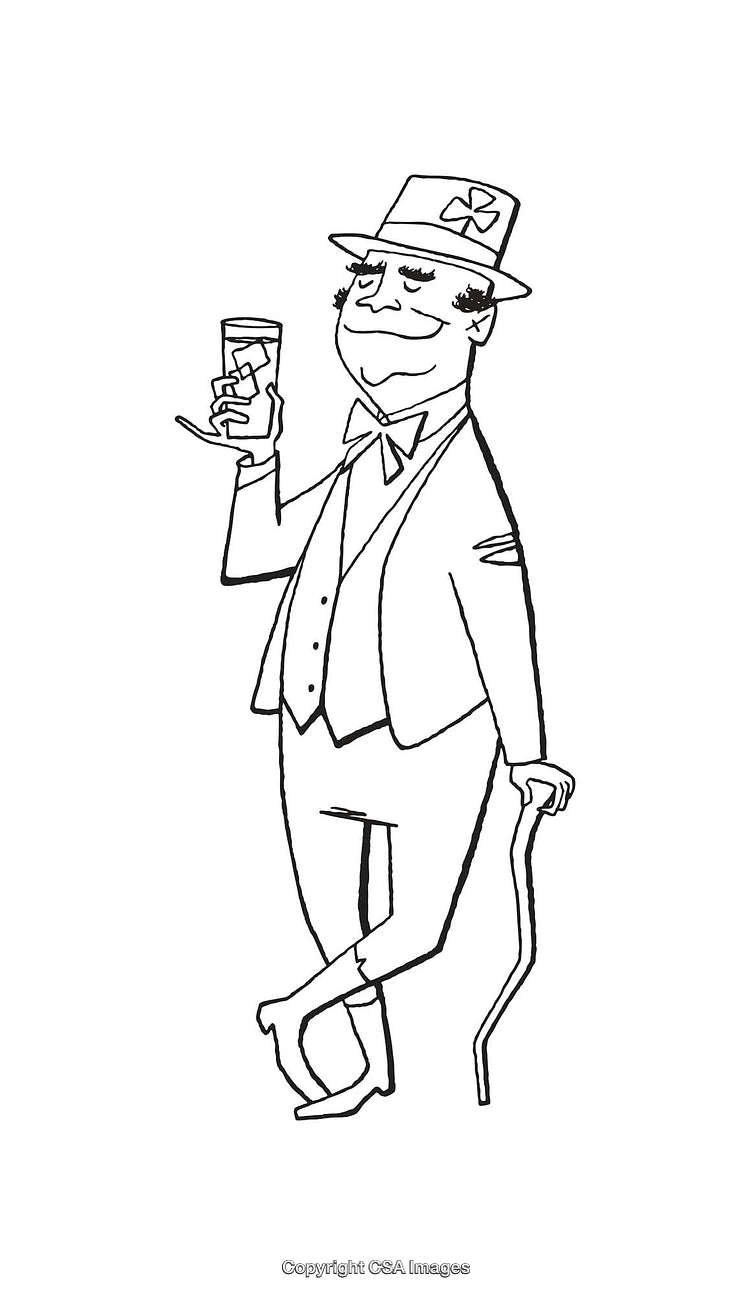 Cartoon Gentleman with Glass and Cane in Festive Attire Line Art