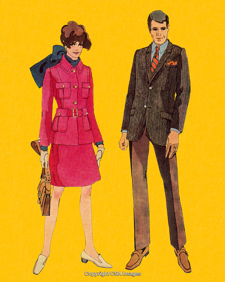 Retro Illustration of Stylishly Dressed Man and Woman on Colorful Background