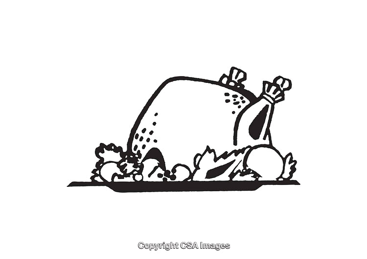 Black and White Line Art of a Festive Roasted Turkey With Garnish