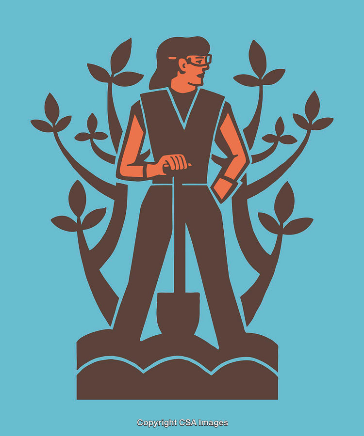 Stylized Illustration of a Gardener with Plants on a Colorful Background