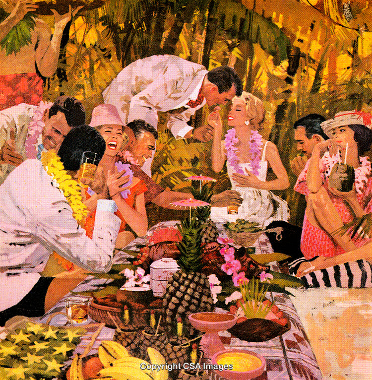 Festive Tropical Gathering with Friends Celebrating Over Food and Drinks