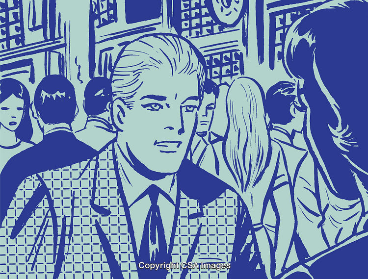 Retro Comic-Style Business Networking Scene in Blue Monochrome