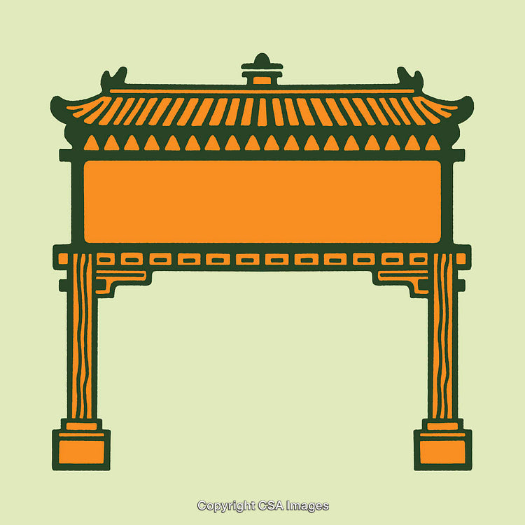 Traditional East Asian Architectural Gateway in Decorative Line Art Style Artwork