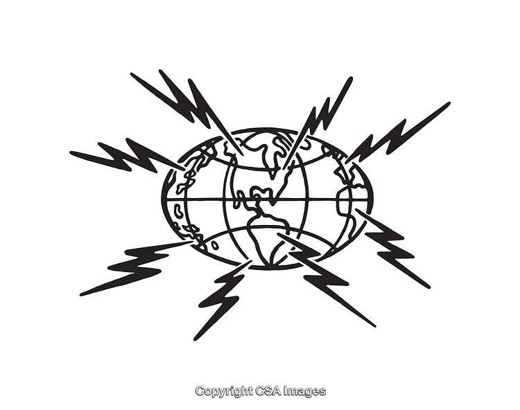 Black and White Line Art of a Globe with Radiating Lightning Bolts